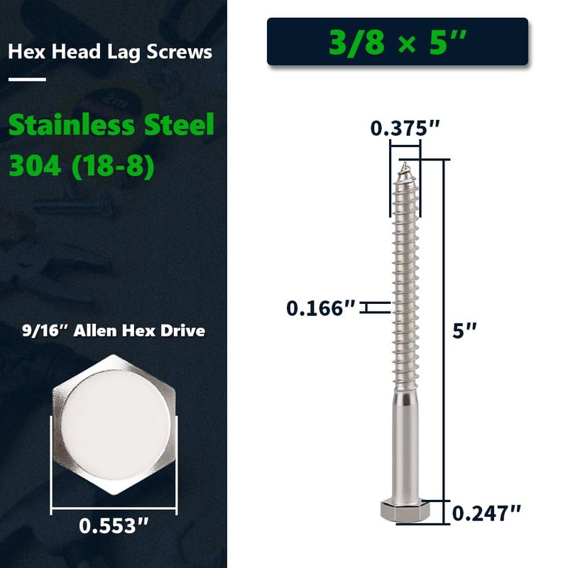RoyceMart 8-Sets 3/8 x 5 Hex Head Lag Screws & Flat Washers, Heavy Duty Lag Wood Screws, 304 Stainless Steel (18-8), 3/8" Bolt - Image 2